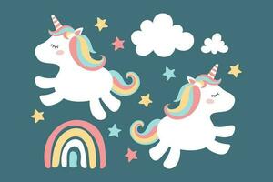 magical cute unicorn with clouds, stars and rainbow, nursery art doodle vector illustration