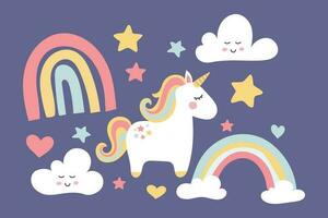 magical cute unicorn with clouds, stars and rainbow, nursery art doodle vector illustration