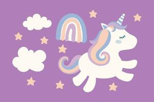 magical cute unicorn with clouds, stars and rainbow, nursery art doodle vector illustration