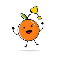 personaje de naranja Fruta con plano diseño estilo, cuales es lanzamiento un dorado trofeo vector