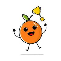 Character of orange fruit with flat design style, which is throwing a golden trophy vector