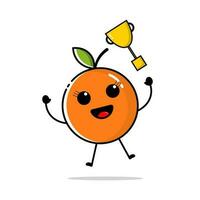 Character of orange fruit with flat design style, which is throwing a golden trophy vector