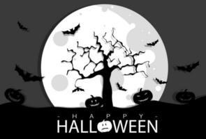 Víspera de Todos los Santos, un con tema de halloween fondo, un brillante luna, calabaza oscuridad, árbol oscuridad, funeral clavija oscuridad, y murciélagos vector