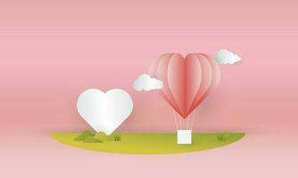 Valentine's Day themed background design in a paper cut style, with elements of hearts, feathers, hot air balloons, perfect for love and valentine themed backgrounds vector