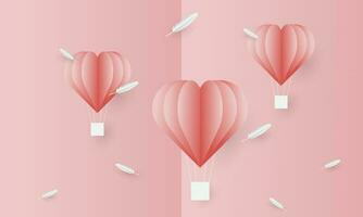 Valentine's Day themed background design in a paper cut style, with elements of hearts, feathers, hot air balloons, perfect for love and valentine themed backgrounds vector