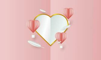 Valentine's Day themed background design in a paper cut style, with elements of hearts, feathers, hot air balloons, perfect for love and valentine themed backgrounds vector