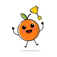 personaje de naranja Fruta con plano diseño estilo, cuales es lanzamiento un dorado trofeo vector