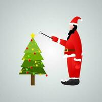 A Santa Claus who is holding a wand, and brings up a complete Christmas tree with its attributes vector