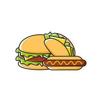 illustration of fast food burgers, tacos, hotdogs vector