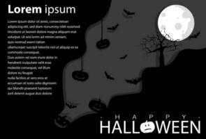 Halloween, a Halloween-themed background, a shining moon, pumpkin shadows, tree shadows, funeral peg shadows, and bats vector