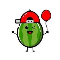 Watermelon character design that is wearing a red hat, with a flat design style vector