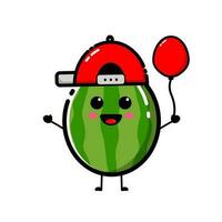 Watermelon character design that is wearing a red hat, with a flat design style vector