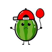 Watermelon character design that is wearing a red hat, with a flat design style vector