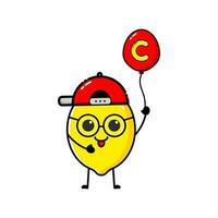Lemon character design that is wearing a hat and carrying a balloon with the letter C vector
