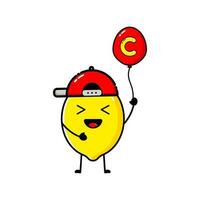 Lemon character design that is wearing a hat and carrying a balloon with the letter C vector