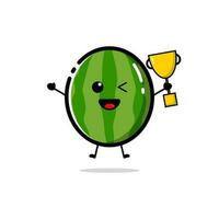 Watermelon characters are jumping while carrying a cup in his hand, watermelon character design with flat design style vector