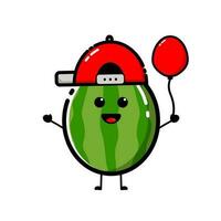 Watermelon character design that is wearing a red hat, with a flat design style vector