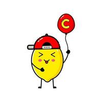 Lemon character design that is wearing a hat and carrying a balloon with the letter C vector