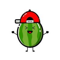 Watermelon character design that is wearing a red hat, with a flat design style vector