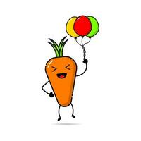 Carrot character design icon holding a balloon with a funny, funny and adorable expression vector