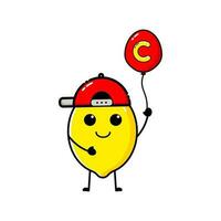 Lemon character design that is wearing a hat and carrying a balloon with the letter C vector