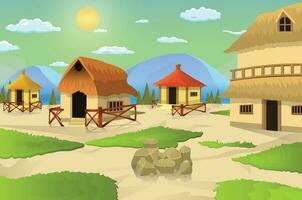 Beautiful pakistan village cartoon background of green meadows and surrounded by trees and mountains. vector