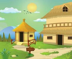 Vector illustration of beautiful village cartoon background of green meadows and surrounded by trees and mountains.