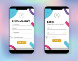 Vector illustration of smart phones login or signup application mock up isolated on gradient style colourful mesh background