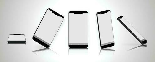 Vector illustration of smartphone with different angles mock up white screen isolated on gradient white background device UI UX mock up