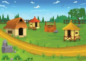 Vector illustration of beautiful village cartoon background of green meadows and surrounded by trees and mountains.