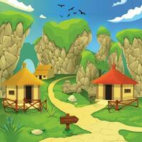 Beautiful Chinese style village cartoon background of green meadows and surrounded by trees and mountains. vector