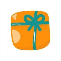 Vector single gift box clipart. In bright orange color with turquoise ribbon. In a hand-drawn style, on a white background.