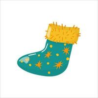 Vector single image of New Year's sock. In turquoise color, in a drawn style. On a white background