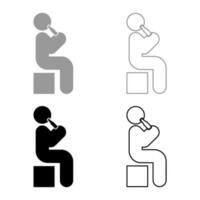 Man human drinking water alcohol beer from bottle sitting position set icon grey black color vector illustration image solid fill outline contour line thin flat style