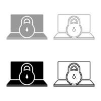 Laptop lock personal data security cyber access concept locked padlock use set icon grey black color vector illustration image solid fill outline contour line thin flat style