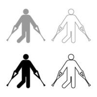 Man with crutchs crutches broken leg in cast gypsum bone injury fracture set icon grey black color vector illustration image solid fill outline contour line thin flat style