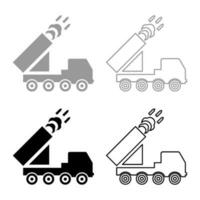 Multiple launch volley reactive rocket system fire shoots missiles set icon grey black color vector illustration image solid fill outline contour line thin flat style