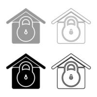 Lock house home protection with locked padlock concept safety defense security set icon grey black color vector illustration image solid fill outline contour line thin flat style