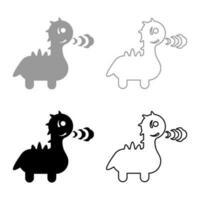 Cute dragon breathing fire set icon grey black color vector illustration image solid fill outline contour line thin flat style