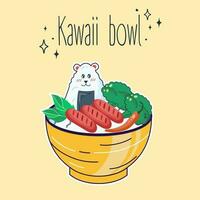 Bowl in Kawaii style. Cute, colorful illustrations. Japanese food. Anime. Vector. Perfect for flyers, posters, and discount cards. vector