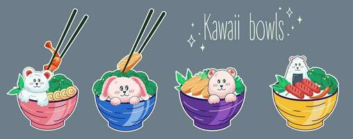 Bowls in Kawaii style. Cute, colorful illustrations. Japanese food. Anime. Vector. vector