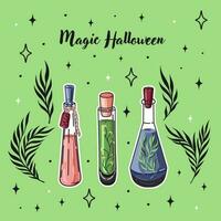 Halloween postcard. Greeting card with potion and poison flasks. Witchcraft and Magic. Vector. vector