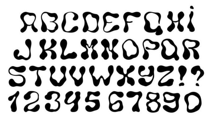 Psychedelic alphabet, numbers, and symbols. Set of funky letters. Vector.