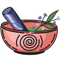 Witch bowl with herbs. Witchcraft and Magic. Vector. vector