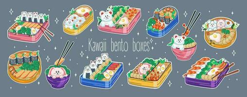 bento cajas y bochas en kawaii estilo. lindo, vistoso ilustraciones. japonés comida en almuerzo cajas animé vector. vector