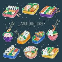 bento cajas y bochas en kawaii estilo. lindo, vistoso ilustraciones. japonés comida en almuerzo cajas animé vector. vector