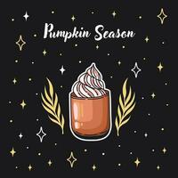 Autumn postcard with pumpkin latte. Pumpkin season. Cute greeting card for Halloween. Vector. vector