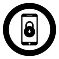 Smartphone lock personal data security cyber access concept phone locked cellphone padlock use icon in circle round black color vector illustration image solid outline style