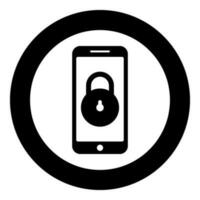 Smartphone lock personal data security cyber access concept phone locked cellphone padlock use icon in circle round black color vector illustration image solid outline style