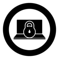 Laptop lock personal data security cyber access concept locked padlock use icon in circle round black color vector illustration image solid outline style